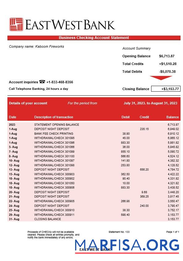 Printable East West Bank firm account statement Word and PDF template